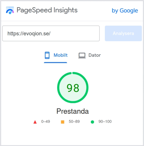 Resultat av Google Page Speed Insights prestandatest för evoqion.se - 98/100, grönt ljus.